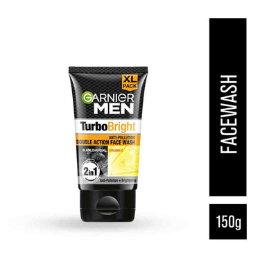 Garnier Men Turbo Bright Double Action Face Wash, Deep Cleansing Anti Pollution Face Wash with Charcoal and Vitamin C, Suitable for all Skin Types, 150g